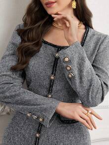 Modelyn 方领撞色缎带装饰纽扣长袖收腰大码晚礼服 - 深灰色 - 查看 7