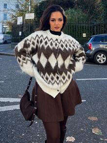 NegzBox Cardigan casual e ampio da donna in maglia spessa con motivo geometrico colorblock, adatto per l'autunno e l'inverno, per l'ufficio, il Capodanno e il Natale - Castano - Visualizzare 4