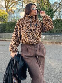NegzBox 1pc Women's High Collar Zipper Long Sleeve Leopard Fluffy Pullover Sweatshirt,Long Sleeve Tops In Fall/Winter - Multicolor - View 1