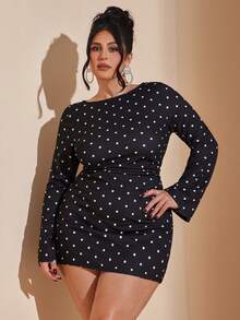 SHEIN BAE 大码女式波点喇叭袖连衣裙，情人节连衣裙 - 黑色 - 查看 6
