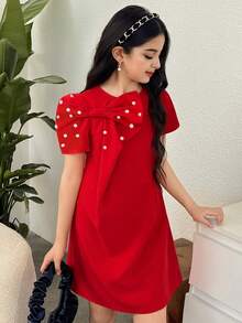 SHEIN Tween Girls' Red Woven Gigot Puff Sleeve Dress With Bow,Pearl & Rhinestone Decor,Elegant For Party,Summer Short Sleeve Red Dresses For Tweens - Red - View 4