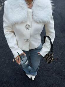 Siren Gaze 女式短款毛领羊毛大衣，秋冬 - 杏色 - 查看 3