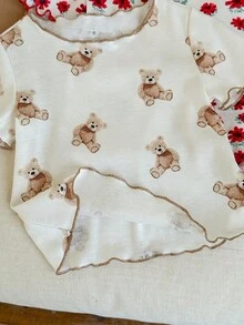SHEIN LMoss Kids 6件套女婴可爱卡通熊和花卉印花荷叶边圆领短袖上衣和裤子休闲舒适针织睡衣套装 - 彩色 - 查看 4