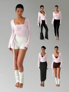 FavEase 粉色瑜伽健身运动高弹柔软裹身V领长袖短款紧身T恤，时尚简约休闲优雅百搭女装必备单品，春秋季 - 淺粉色 - 查看 7