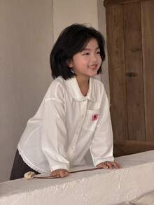 DAZY Young Girl Lace Patchwork Cartoon Applique Long Sleeve Blouse Shirt Spring - White - View 5