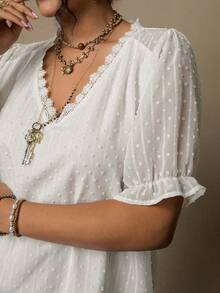 Freevana Plus Size Women V-Neck Contrast Lace Fashionable Chic Casual Blouse Chiffon Top Boho Business Casual Woman White Shirt Valentines Cute Summer Tops - White - View 2