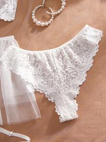 SHEIN 5pcs/Set White Lace Hollow Cap Sleeve Bralette Halter Collar + Mesh Tulle Puff Skirt + White Lace Thong Panty + Garter Belt + Leg Garter, Sexy Girly Style - White - View 6