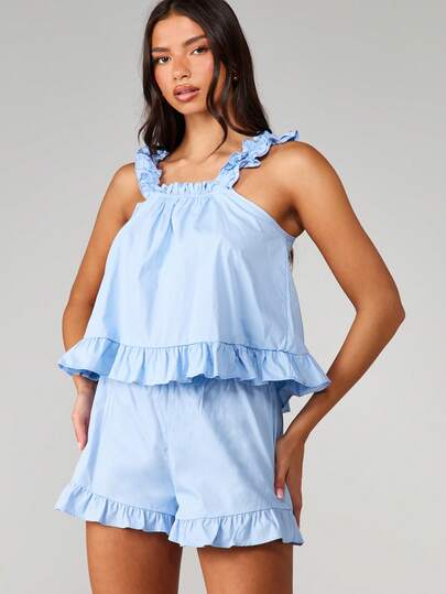 MISSGUIDED Ruffle Trim Sleeveless Pajama Set With Square Neck Top And Matching Shorts For Summer Sleepwear Loungewear