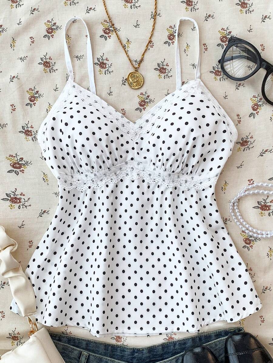SHEIN 优雅白色蕾丝边吊带背心，适合夏季、度假、休闲、居家穿着，少女黑白波点蕾丝吊带背心 - 黑與白 - 查看 1