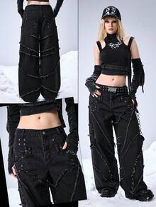 ROMWE EDITION Jeans de mujer con cintura acampanada y talle bajo desgastados - Negro - Ver 7