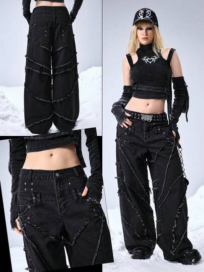 Grunge Punk Verwaschen ausgestellte Taille Jeans mit niedriger Taille für Frauen