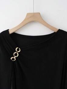GlowEve Women's Asymmetrical Neckline Chain Decor Long Sleeve T-Shirt, Elegant Casual Wear For Spring, Summer, Autumn, Winter - Black - View 6