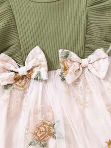 Vestido De Tul Para Bebé Niña De Primavera Otoño Con Manga Larga, Diseño Dulce Y Adorable Con Lazo Y Encaje De Rosas Bordadas - Verde - Ver 6