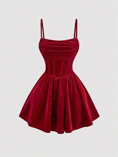 SHEIN MOD Vestido de verano para mujer de terciopelo con tirantes de espagueti, cintura fruncida y plisado en forma de espina de pescado