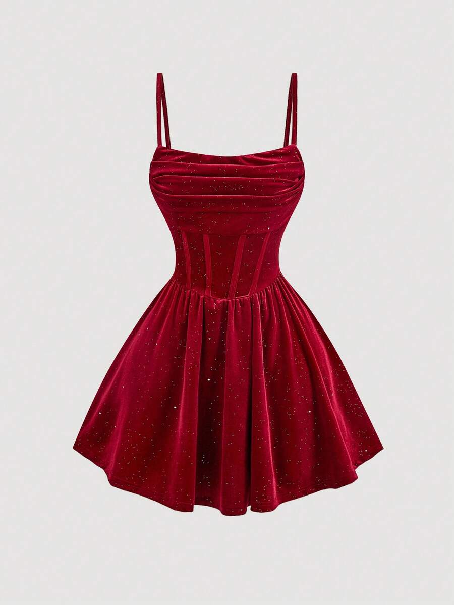 SHEIN MOD Đầm nhung nữ mùa hè xếp ly xương cá nhún eo dây mảnh - Đỏ - Xem 1