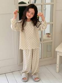 DAZY 2pcs Young Girl Girls Polka Dot Print Long Sleeve Top And Pants Knit Pajama Set, Fall