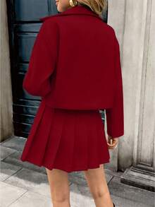 Pariaura 2pcs Grey Woolen Set, Cropped Top + Pleated Skirt, Autumn/Winter, Collegiate Girl, Youthful, Retro Korean, Utility Style - Burgundy - View 2