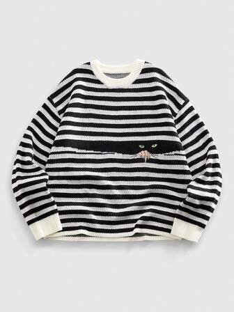 Jersey de cuello redondo de punto con estampado de gato a rayas para hombre