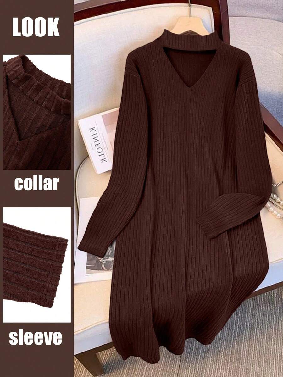 GlowEve CURVE Vestido casual de mujer de talla grande de unicolor con cuello en V y manga larga acanalada - Marrón - Ver 1