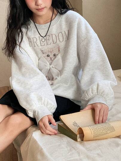 DAZY 少女圆领灯笼袖动物纹蝴蝶结装饰撞色加厚抓绒卫衣，秋季款