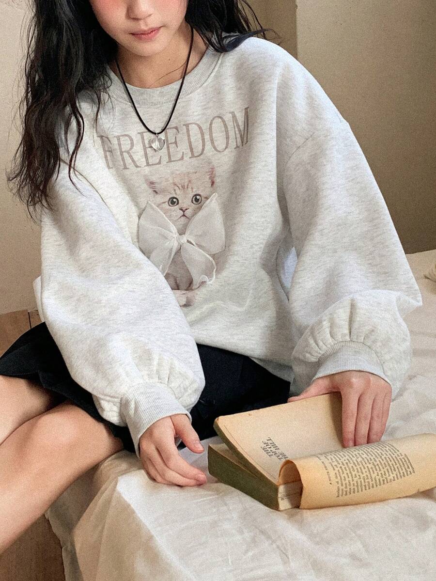 DAZY 少女圆领灯笼袖动物纹蝴蝶结装饰撞色加厚抓绒卫衣，秋季款