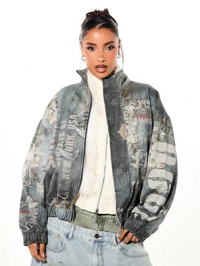 SUMWON WOMEN Oversized Grunge Bomber Jacket With Distressed Vintage Wash And Mixed Print Graphics Perfect For Streetwear Winter Fall Layering