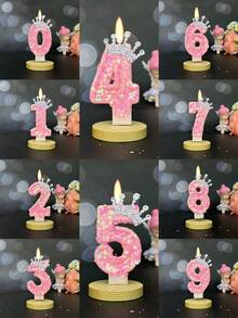 1支粉色皇冠儿童生日蜡烛，0-9数字蜡烛，蛋糕装饰蜡烛，手工闪光蜡烛，派对用品，皇冠主题粉色闪光创意数字0-9蜡烛，适合公主主题女孩派对、生日、婚礼、周年纪念日庆祝活动用品、礼物、毕业典礼 - 彩色 - 查看 3