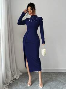 Elenzga Handmade Beaded Pleated Slit Dress For Women - Navy Blue - View 5