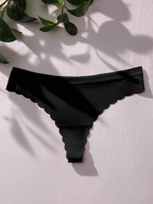 Women's Casual Black Scallop Trim Knitted Fabric Thongs With Slight Stretch - Black - View 6