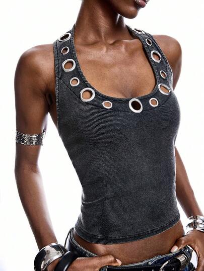 LYSMO Plus Size Vintage Washed Eyelet Halter Tank Top, Summer