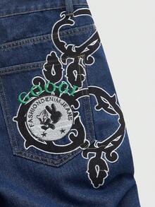 ROMWE MEN Men's Embroidered Pocket Wide Leg Loose Casual Jeans - Blue - View 4