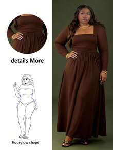 CurvyTilda Váy dệt kim ôm sát tay dài cỡ lớn dành cho nữ, Đầm thu/đông thanh lịch - Cà phê nâu - Xem 8