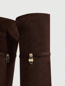 CUCCOO SZL Women's Pointed Toe Lock Decor Fashionable Elegant High Heel Over-The-Knee Boots - Coffee Brown - View 8