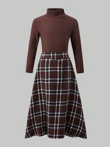 Tween Girls' Colorblock Long Sleeve Turtleneck Top & Plaid Mini Skirt Set - Brown - View 4