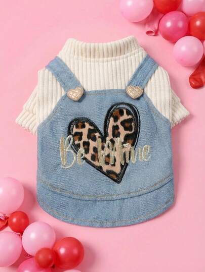 PETSIN 1件宠物服装，可爱刺绣豹纹心形图案连衣裙，适合猫狗穿着，春秋季舒适连衣裙。