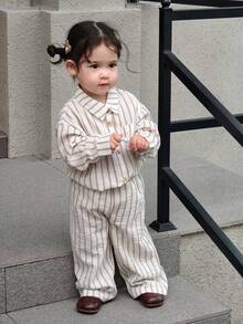 DAZY 2pcs Baby Girls Striped Casual Loose Shirt And Long Pants Set - Khaki - View 5