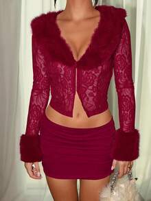 Glamine Charm 两件套毛领酒红色蕾丝薄纱长袖迷你裙套装，秋冬服装，节日派对嘉年华套装，街头服饰，女士夜店套装，约会套装，女士生日套装，尽显优雅气质，派对必备，情人节套装，新年套装，毛领上衣套装 - 酒紅色 - 查看 4