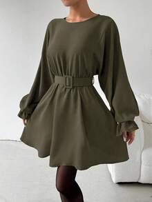 Chiquease Casual Commuter Solid Color Belted Lantern Sleeve Dress - Green - View 4