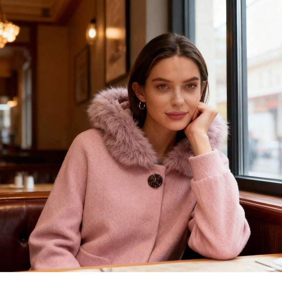 Suéter de Invierno para Mujer | Medio Largo con Capucha de Pelo Desmontable . Súper Suave y Calientito . Bolsas Grandes y Corte Casual Chic - ROSA - Ver 1
