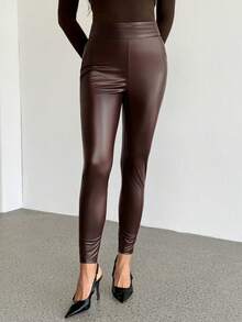 SHEIN Tall 女士大码简约日常约会旅行穿着优雅派对纯色红棕色咖啡棕色弹力PU修身打底裤 - 棕色 - 查看 10