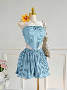 Comfortcana 2 件套大码女式蓝色不对称下摆抹胸上衣和短裤套装女士夏季服装，两件套女式蓝色两件套女式两件套 - 藍色 - 查看 7