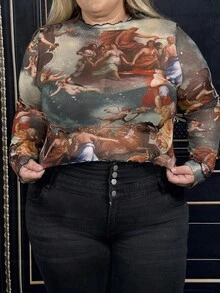 Hourglow Dollyholly86 Plus Figure Graphic Lettuce Trim Mesh Top, For Hourglass Body Shape - Multicolor - View 8