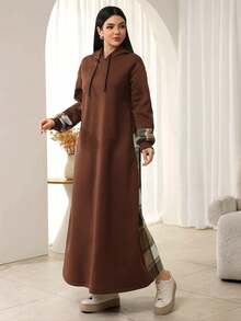 Mulvari Dropped Shoulder Long Sleeve Casual Plaid Patchwork Drawstring Hooded Abaya Dress - Multicolor - View 7