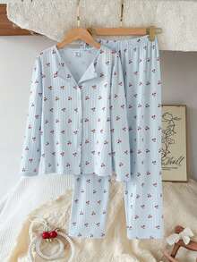 SHEIN Vintaside Kids Tween Girls Blue Ribbed Long Sleeve Button Up Two Piece Pajama Set With Cherry Pattern - Blue - View 3