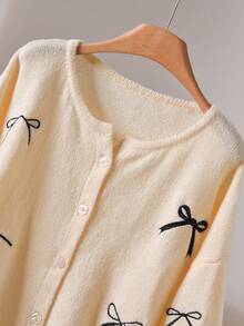 CosyJoli Plus Size Casual Bow Embroidered Round Neck Cardigan Sweater Cute Button Up Bow Cardigan In Fall/Winter/Spring Women, Spring Breaks - Apricot - View 4