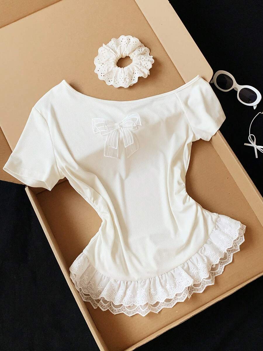 Comfortcana Áo thun nữ thanh lịch thêu nơ, cổ bèo nhún, kiểu dáng bất đối xứng, thích hợp cho mùa hè. - Màu be - Xem 1