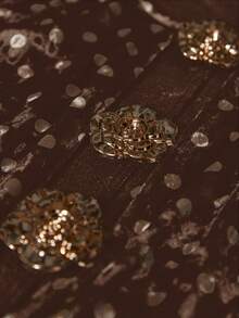 Revavyn Retro Polka Dot Elegant Exaggerated Shoulder Pad Cap Sleeve Round Neck Sexy Hollow Metal Button Design Waist Fitted Dress For Women - Coffee - View 2