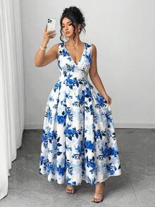 Elenzga Plus Size Women's Elegant Floral Print V-Neck Sleeveless Waist Cinched A-Line Dress, Early Spring Garden Party Formal Dress Blue And White Floral Dress Prom - Blue - View 7