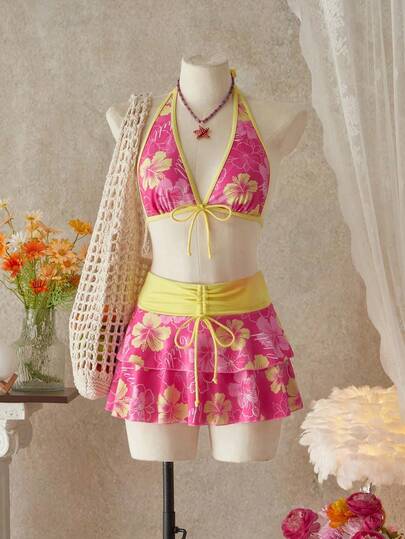 Bellisia Ensemble 3 pièces pour femmes: jupe fleurie style festival de musique plage d'été, Top à col ras-du-cou, style décontracté vacances bikini