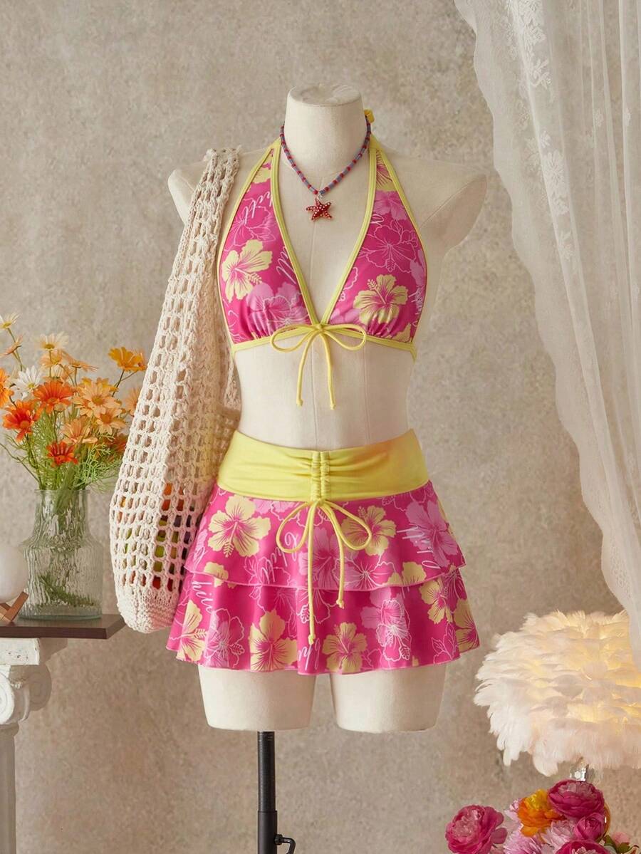 Bellisia 女士夏季海滩音乐节花卉印花裙挂脖休闲度假风格比基尼三件套 - 彩色 - 查看 1
